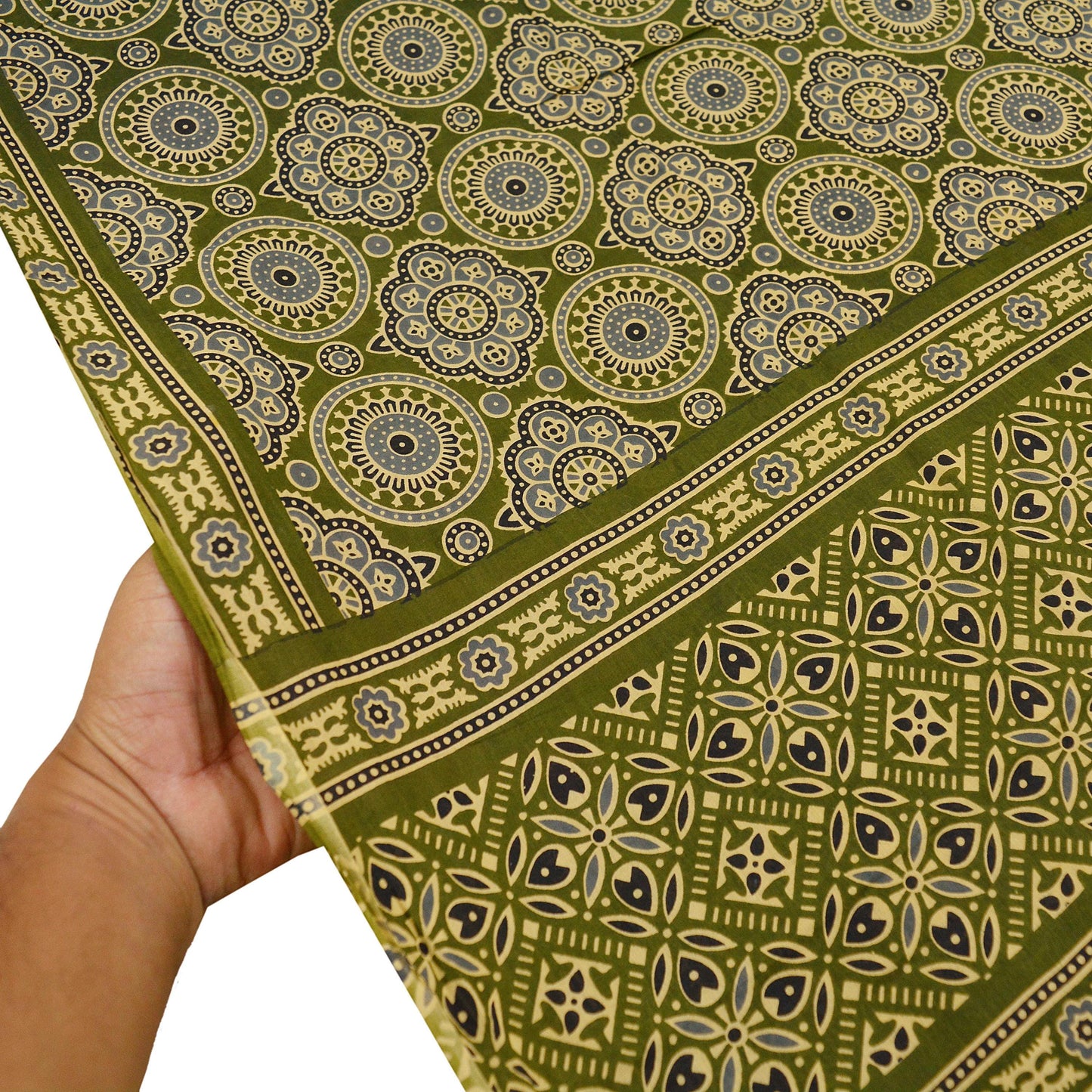 Vintage Sari Green Hand Block Printed 100% Pure Cotton Sarees Soft Craft Fabric Floral 5Yd Lady Dear Floral Design Upcycle Quilting Crafting