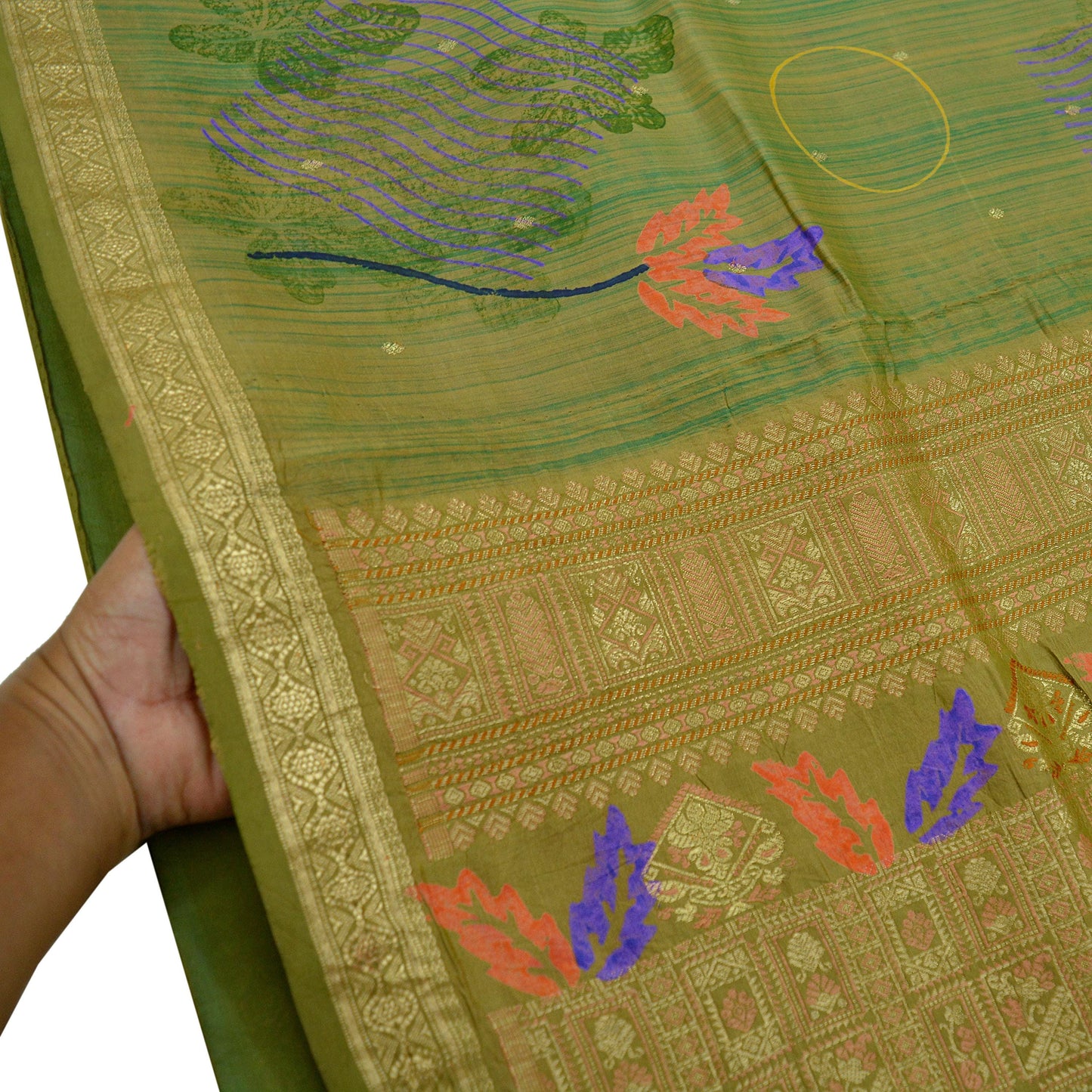 Indian Vintage Sari Green Pure Silk Hand Woven Sarees Craft Fabric 5Yd Sewing Ethnic Zari Border Dress Making Crafting Quilting Upcycle