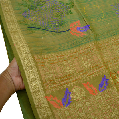 Indian Vintage Sari Green Pure Silk Hand Woven Sarees Craft Fabric 5Yd Sewing Ethnic Zari Border Dress Making Crafting Quilting Upcycle