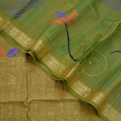 Indian Vintage Sari Green Pure Silk Hand Woven Sarees Craft Fabric 5Yd Sewing Ethnic Zari Border Dress Making Crafting Quilting Upcycle