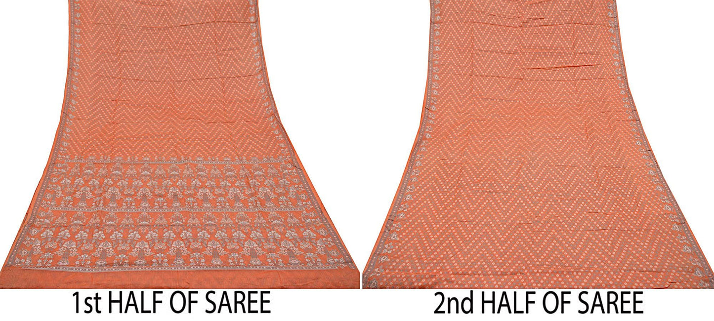 Indian Vintage Sari Orange Pure Tussar Silk Hand Woven Sarees Craft Fabric 5Yd Sewing Ethnic Floral Upcycle Crafting Quilting Dress making