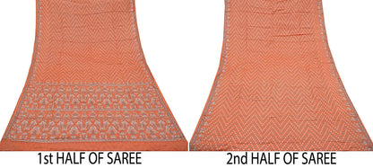 Indian Vintage Sari Orange Pure Tussar Silk Hand Woven Sarees Craft Fabric 5Yd Sewing Ethnic Floral Upcycle Crafting Quilting Dress making