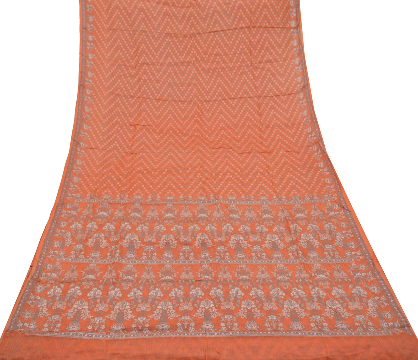 Indian Vintage Sari Orange Pure Tussar Silk Hand Woven Sarees Craft Fabric 5Yd Sewing Ethnic Floral Upcycle Crafting Quilting Dress making