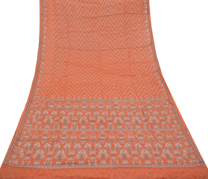 Indian Vintage Sari Orange Pure Tussar Silk Hand Woven Sarees Craft Fabric 5Yd Sewing Ethnic Floral Upcycle Crafting Quilting Dress making
