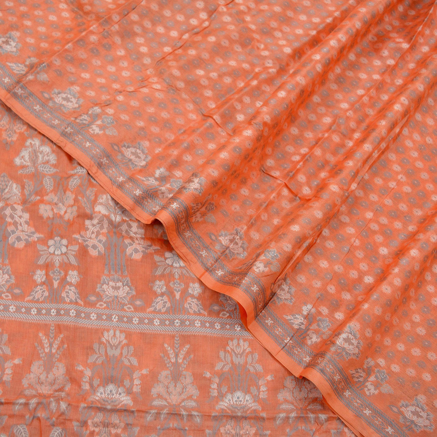 Indian Vintage Sari Orange Pure Tussar Silk Hand Woven Sarees Craft Fabric 5Yd Sewing Ethnic Floral Upcycle Crafting Quilting Dress making