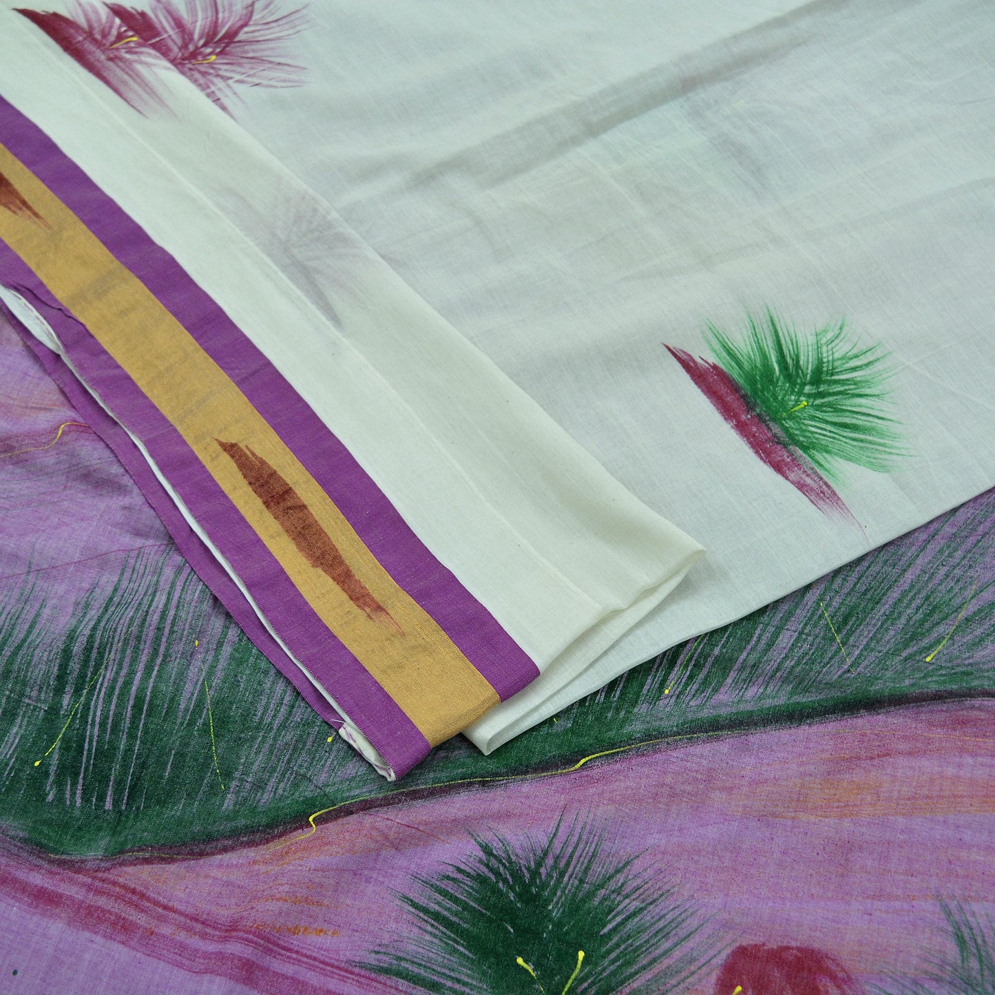 Indian Vintage Sari White Hand Woven Painted Sarees Pure Cotton Craft Fabric 5Yd Floral Soft Dress Making Zari Border Crafting Quilting