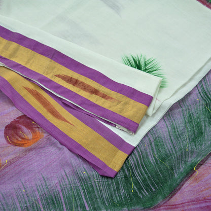 Indian Vintage Sari White Hand Woven Painted Sarees Pure Cotton Craft Fabric 5Yd Floral Soft Dress Making Zari Border Crafting Quilting