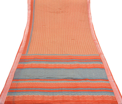 Indian Vintage Sari Ivory & orange Pure Chanderi Cotton Hand Block Printed Sarees 5Yd Craft Fabric Soft Sewing Sarong Dress Making Quilting