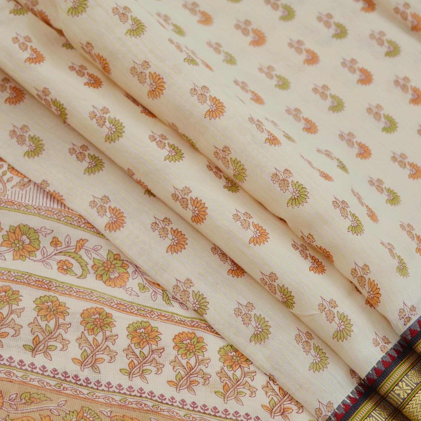 Indian Vintage Sari Ivory Blend Cotton Woven Printed Sarees Craft Fabric 5yd Sewing Soft Dress Designing Crafting Quilting Upcycle
