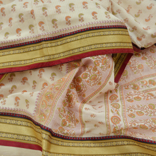 Indian Vintage Sari Ivory Blend Cotton Woven Printed Sarees Craft Fabric 5yd Sewing Soft Dress Designing Crafting Quilting Upcycle