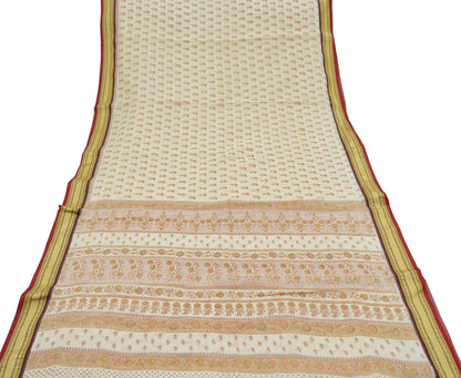 Indian Vintage Sari Ivory Blend Cotton Woven Printed Sarees Craft Fabric 5yd Sewing Soft Dress Designing Crafting Quilting Upcycle