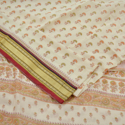 Indian Vintage Sari Ivory Blend Cotton Woven Printed Sarees Craft Fabric 5yd Sewing Soft Dress Designing Crafting Quilting Upcycle
