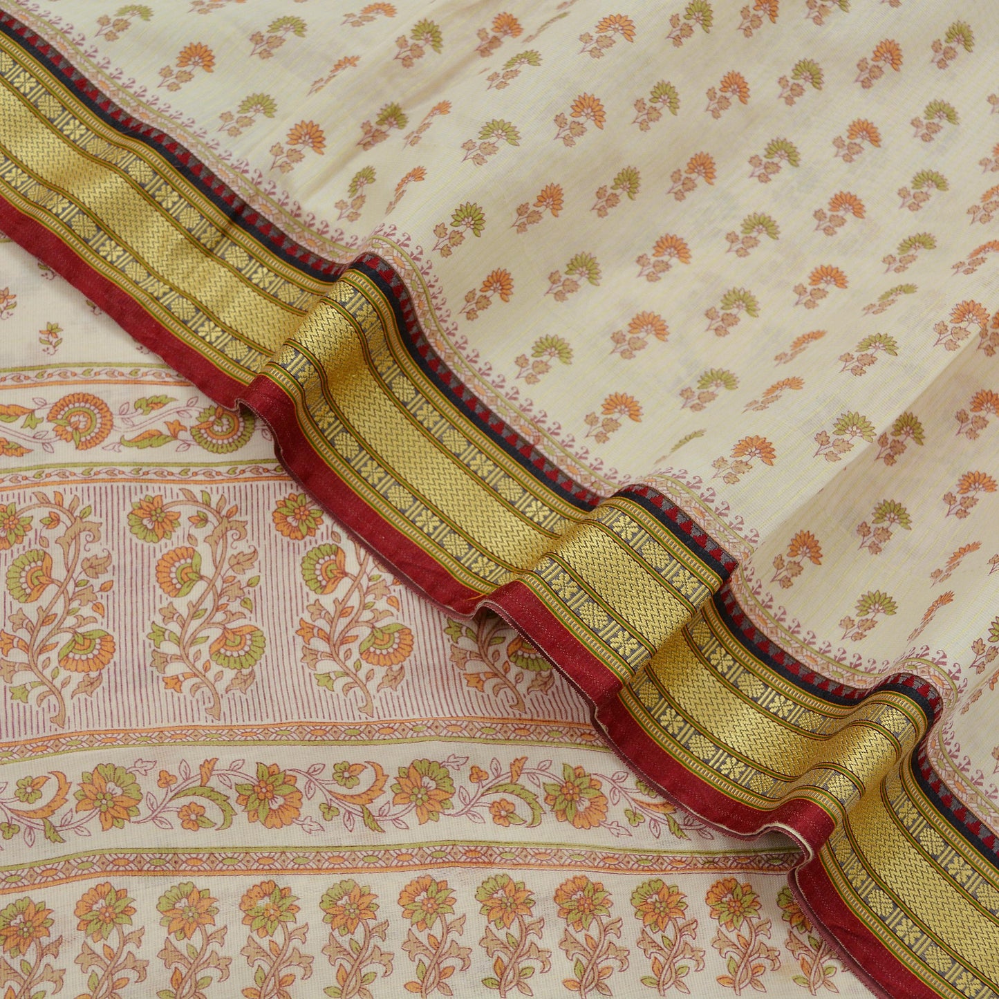 Indian Vintage Sari Ivory Blend Cotton Woven Printed Sarees Craft Fabric 5yd Sewing Soft Dress Designing Crafting Quilting Upcycle