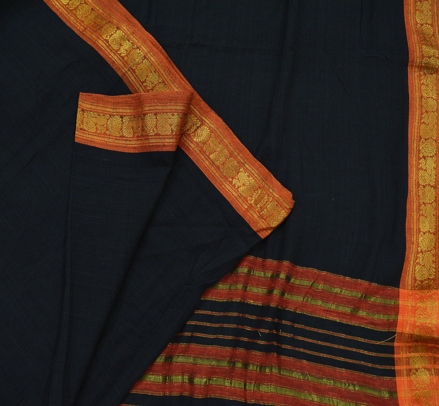 Indian Vintage Sari Black Pure Cotton Hand Woven Sarees 6yd Craft Fabric Ethnic Soft Sewing Zari Dress making Quitting Crafting Upcycle