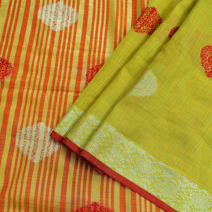 Indian Vintage Sari Green Cotton Hand Woven Saree Zari 5Yd Craft Fabric Sewing Soft Floral Ethnic Zari Dress making Crafting Quilting