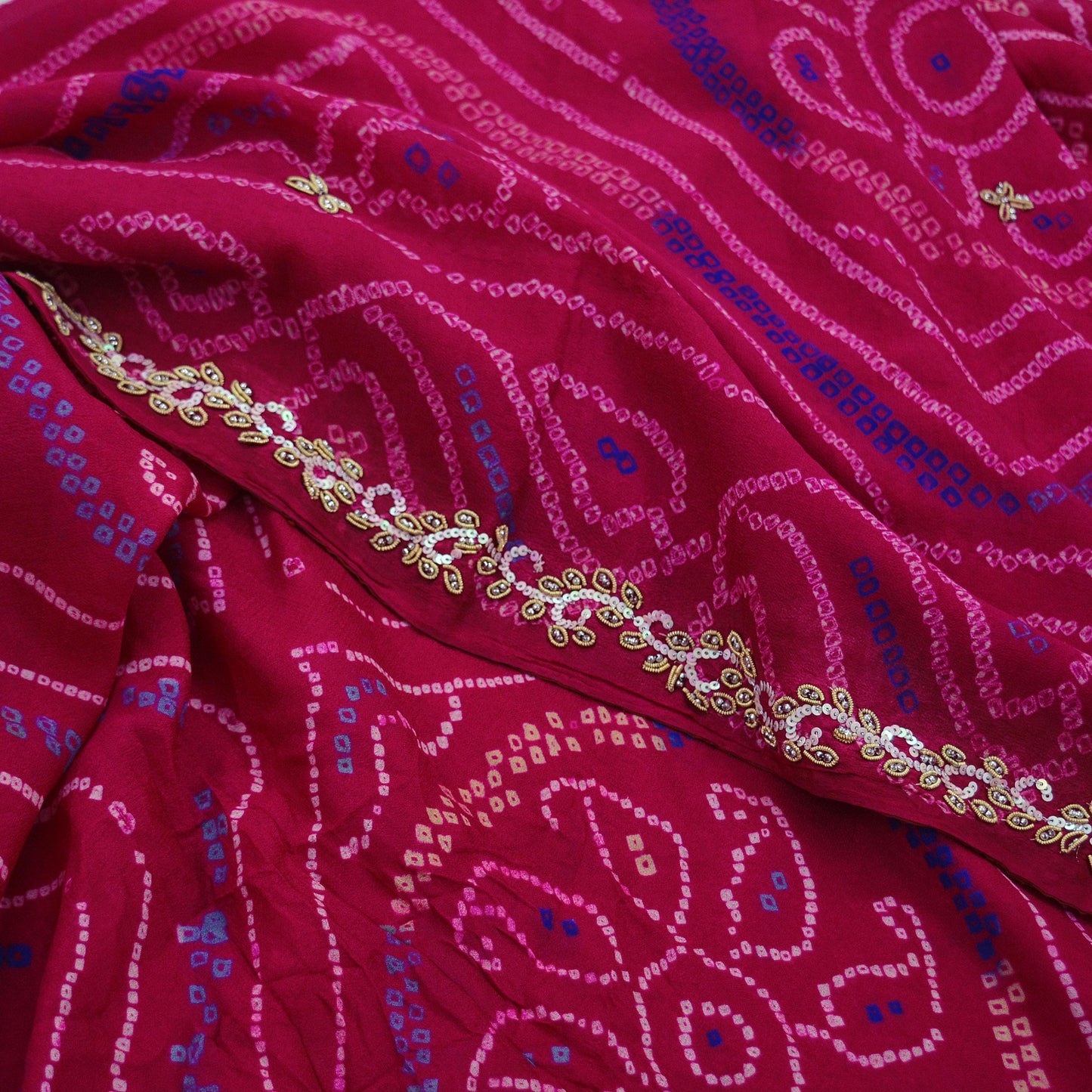 Indian Vintage Pink Saree Pure Silk Hand Embroidered Bandhani Printed Sari Craft Fabric 5yd Soft Zardozi Dress making Quilting Crafting