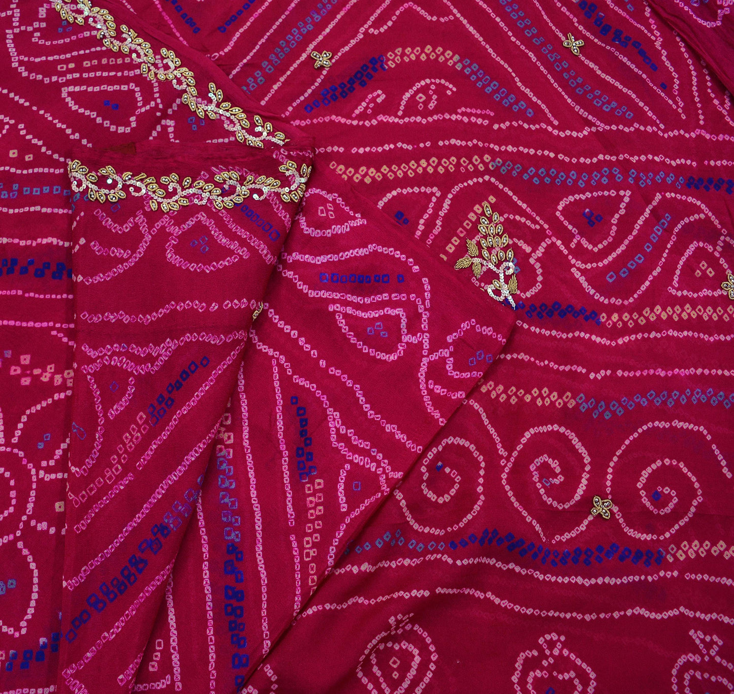 Indian Vintage Pink Saree Pure Silk Hand Embroidered Bandhani Printed Sari Craft Fabric 5yd Soft Zardozi Dress making Quilting Crafting