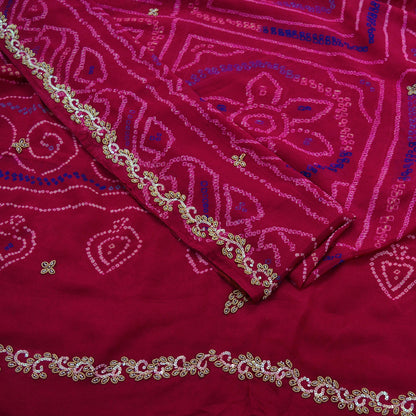 Indian Vintage Pink Saree Pure Silk Hand Embroidered Bandhani Printed Sari Craft Fabric 5yd Soft Zardozi Dress making Quilting Crafting