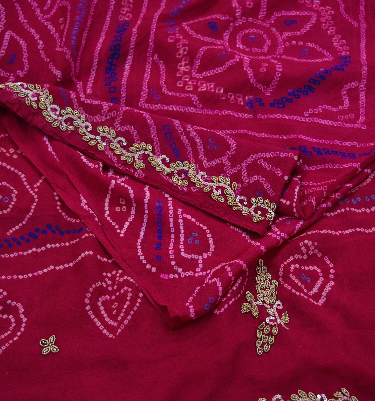 Indian Vintage Pink Saree Pure Silk Hand Embroidered Bandhani Printed Sari Craft Fabric 5yd Soft Zardozi Dress making Quilting Crafting