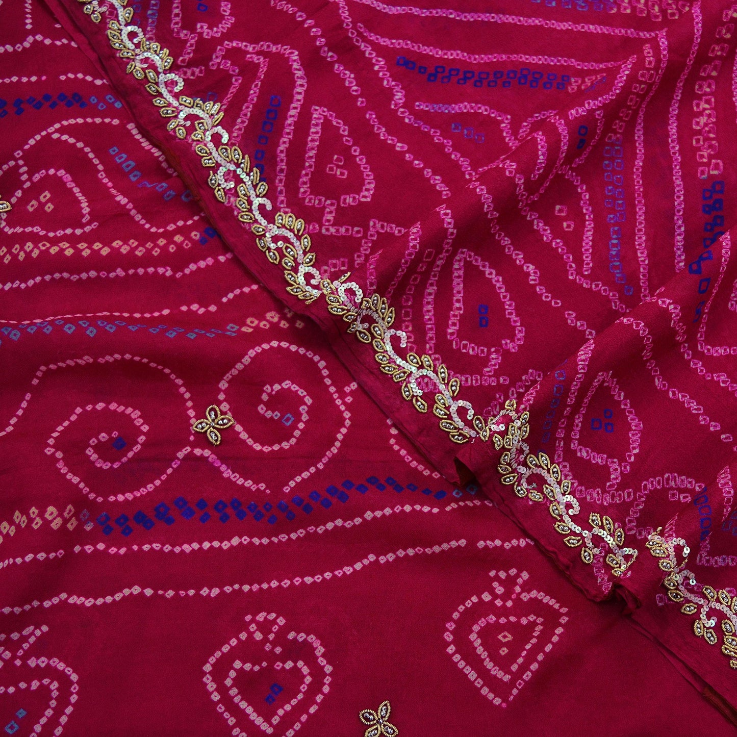 Indian Vintage Pink Saree Pure Silk Hand Embroidered Bandhani Printed Sari Craft Fabric 5yd Soft Zardozi Dress making Quilting Crafting