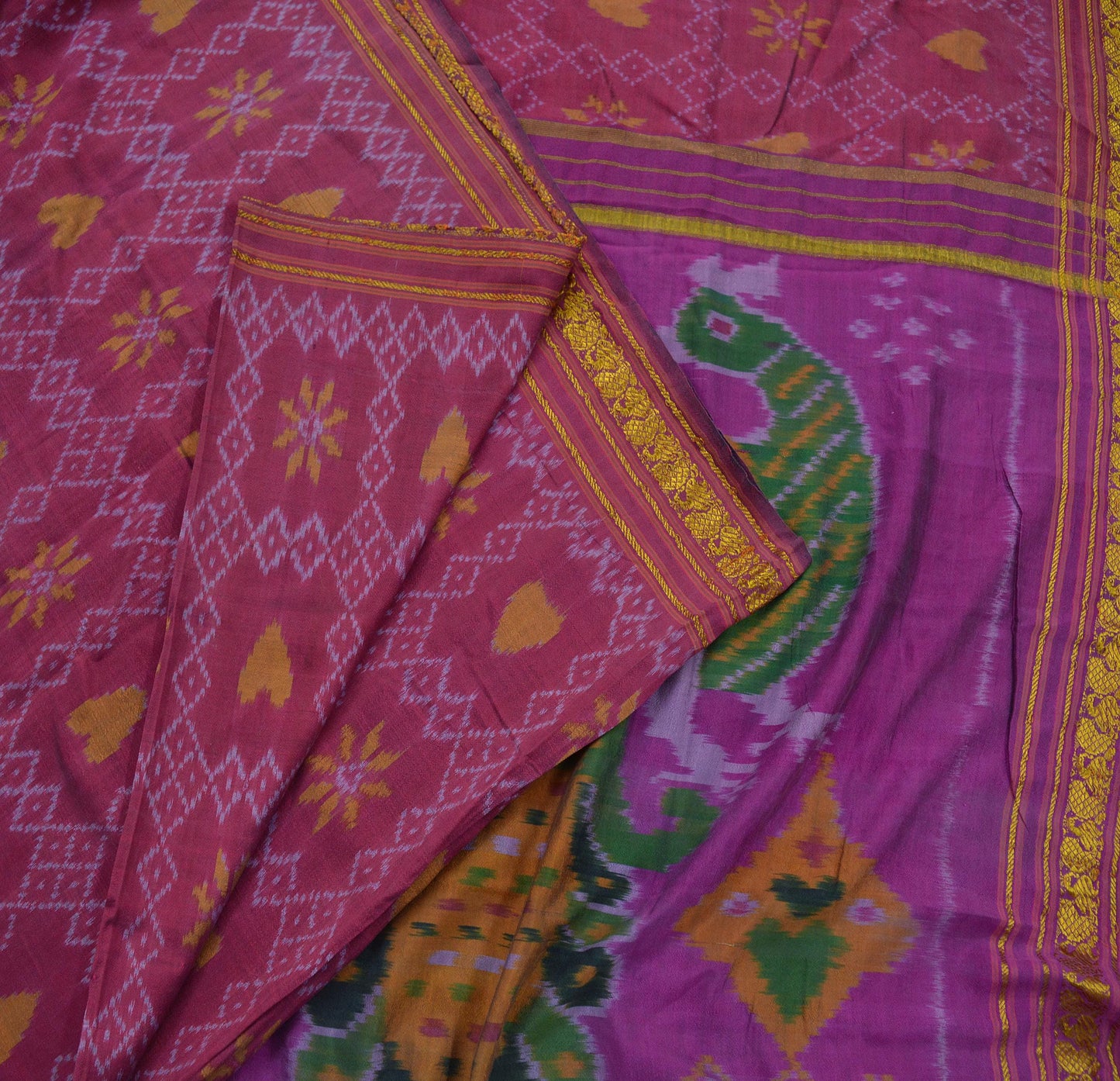 Indian Vintage Saree Pure Silk Hand Woven Ikat Sari Craft Fabric 5Yd Zari Ethnic Premium Dress Making Crafting Peacock Quilting Sewing