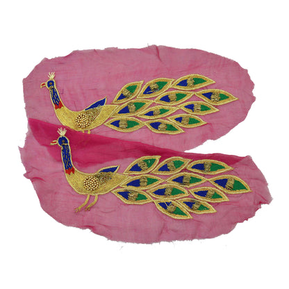 Indian Vintage 2 Pcs Appliques Pink Chiffon Silk Applique VERY OLD ANTIQUE Vintage Embroidered Snippets Remnants Craft Journals Rare Peacock