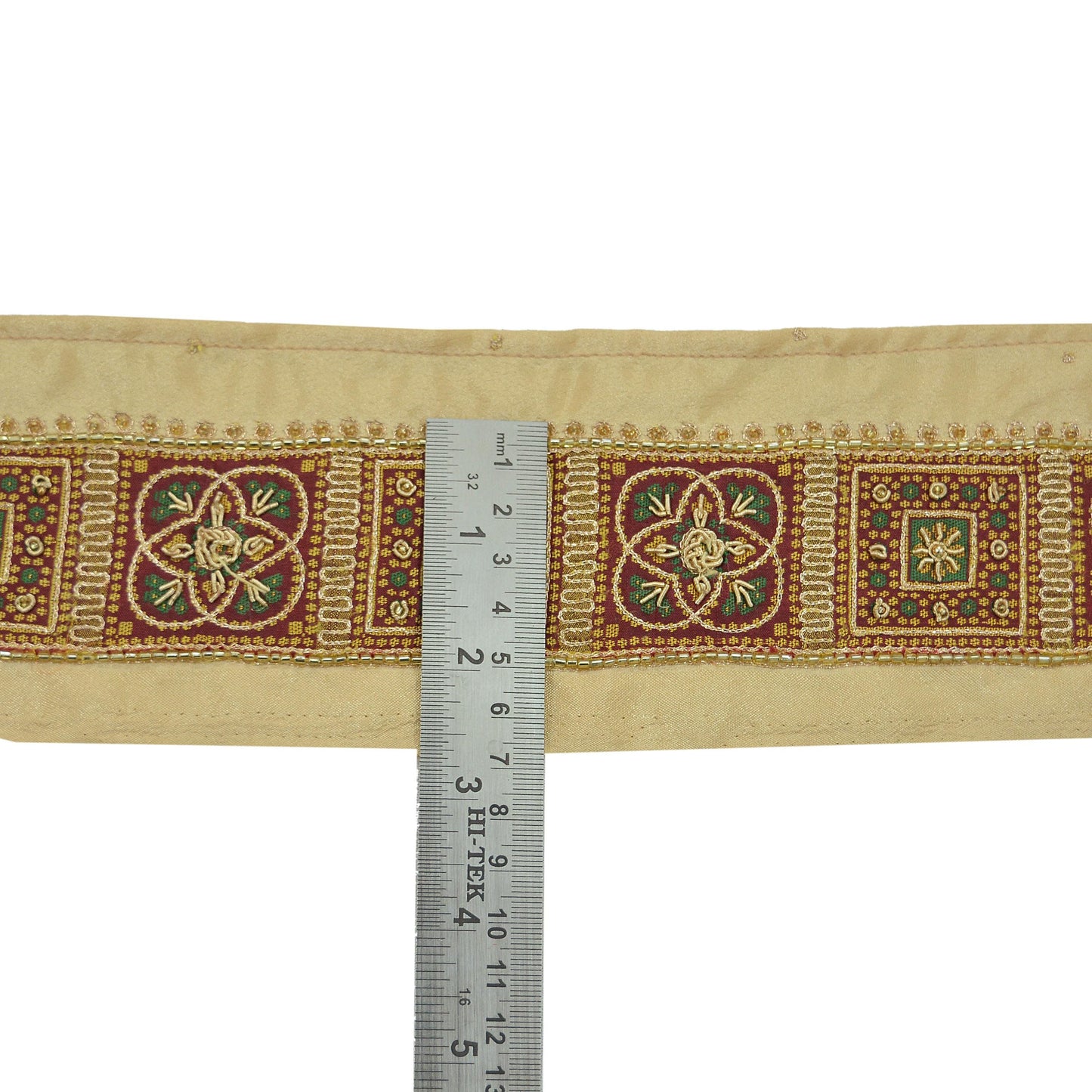 Indian Vintage Henna Beige Sari Border Hand Embroidered Indian Craft Trim Lace Sewing Sari Ribbon Crepe Zardozi/Dabka Zari