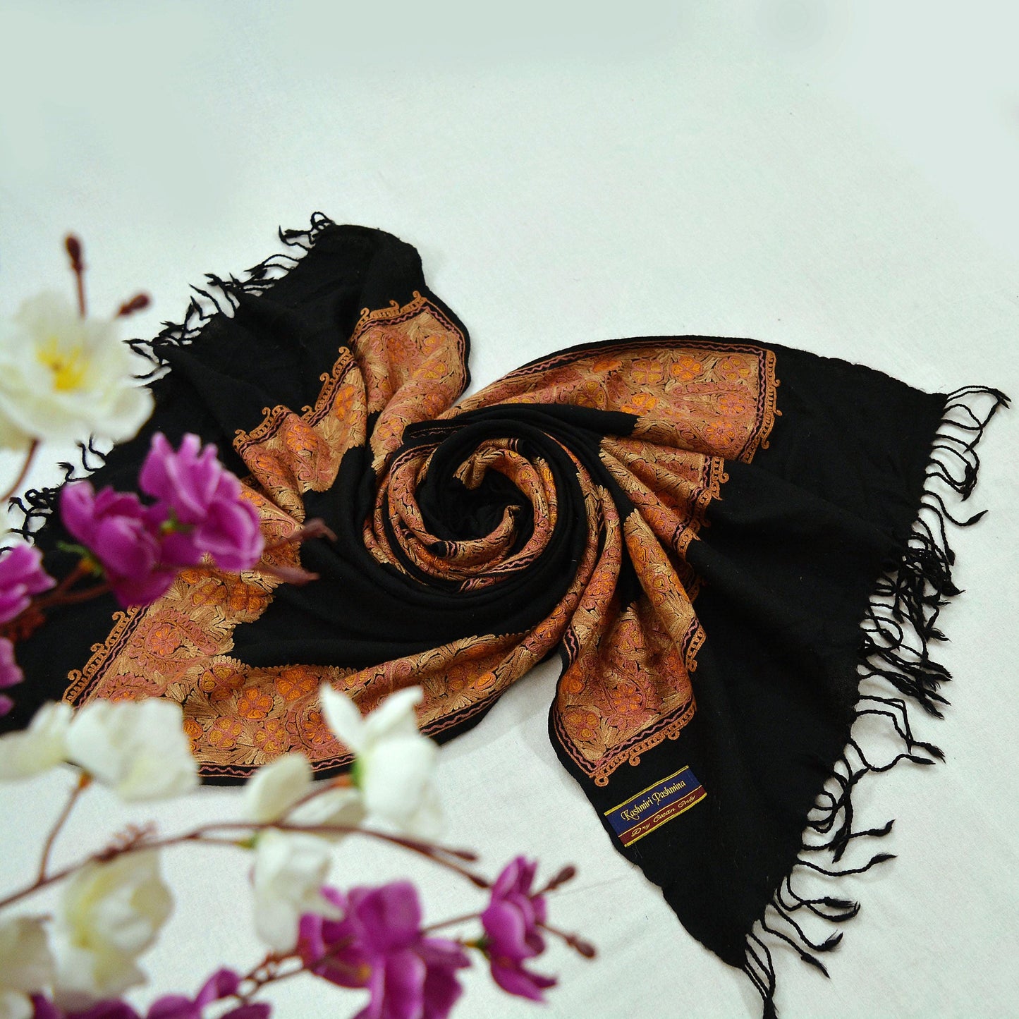 Indian Vintage Black Pure Woolen Shawl Handmade Ari work Long Throw Stole Warm Stole Floral Design Upcycle Crafting Used