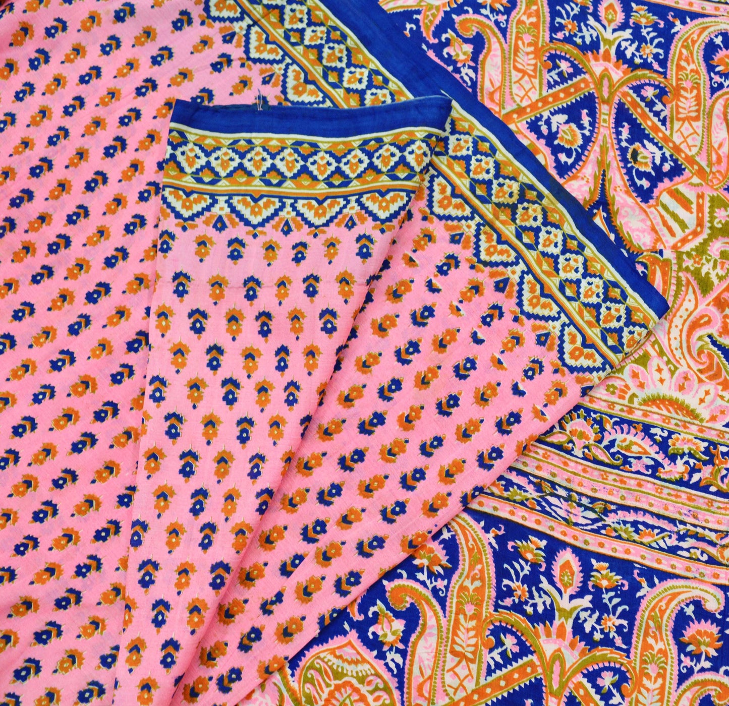 Indian Vintage Sari Pink & Blue 100% Pure Silk Printed Sarees Craft Fabric 5yd Sewing Soft Floral DressMaking Quilting Crafting Upcycle