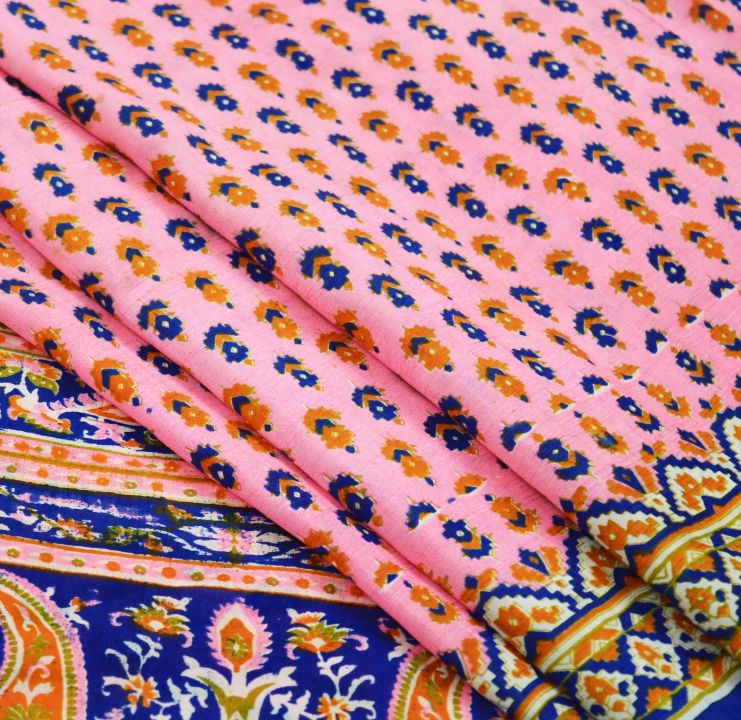 Indian Vintage Sari Pink & Blue 100% Pure Silk Printed Sarees Craft Fabric 5yd Sewing Soft Floral DressMaking Quilting Crafting Upcycle