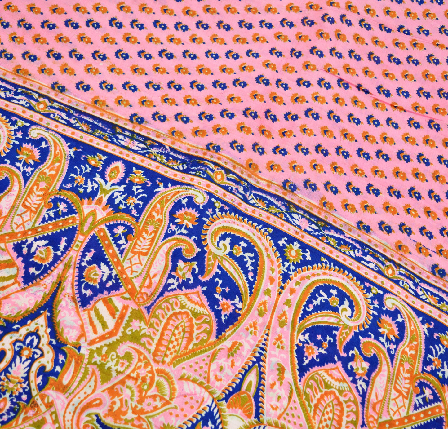 Indian Vintage Sari Pink & Blue 100% Pure Silk Printed Sarees Craft Fabric 5yd Sewing Soft Floral DressMaking Quilting Crafting Upcycle