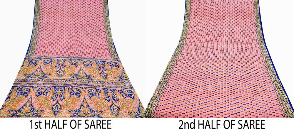 Indian Vintage Sari Pink & Blue 100% Pure Silk Printed Sarees Craft Fabric 5yd Sewing Soft Floral DressMaking Quilting Crafting Upcycle