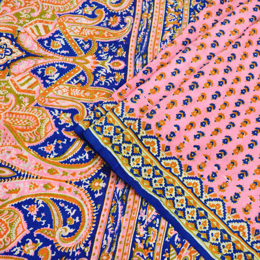 Indian Vintage Sari Pink & Blue 100% Pure Silk Printed Sarees Craft Fabric 5yd Sewing Soft Floral DressMaking Quilting Crafting Upcycle