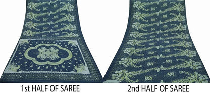 Indian Vintage Sari Deep Blue 100% Pure Silk Printed Sarees 5yd Sewing Craft Fabric Dress Making Floral Wrap used Quilting Crafting Upcycle