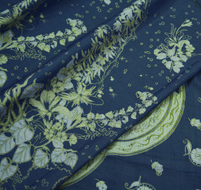 Indian Vintage Sari Deep Blue 100% Pure Silk Printed Sarees 5yd Sewing Craft Fabric Dress Making Floral Wrap used Quilting Crafting Upcycle