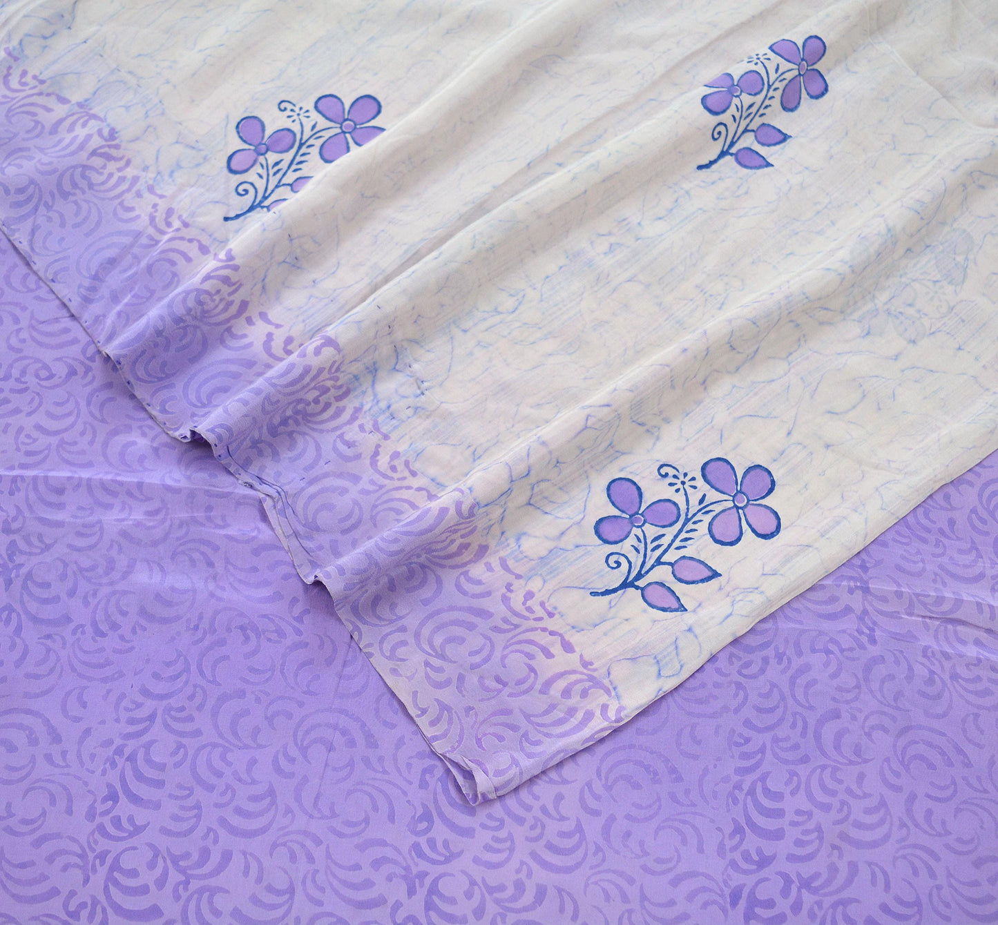 Indian Vintage Sari Ivory & Purple Saree Pure Crepe Silk Printed Sarees 5yd Sewing Floral Soft Craft Fabric Wrap Crafting Dress making