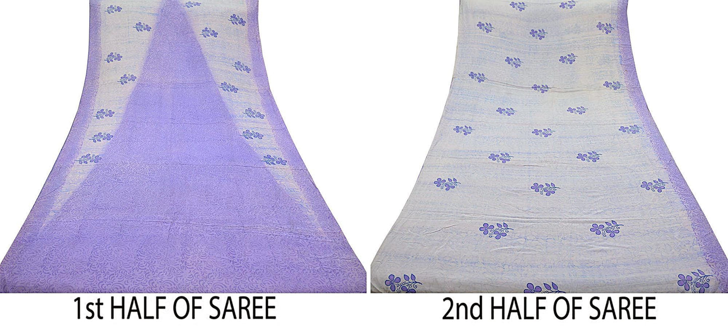 Indian Vintage Sari Ivory & Purple Saree Pure Crepe Silk Printed Sarees 5yd Sewing Floral Soft Craft Fabric Wrap Crafting Dress making