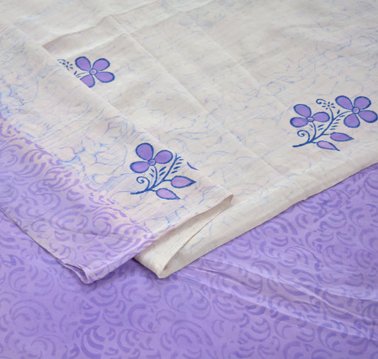 Indian Vintage Sari Ivory & Purple Saree Pure Crepe Silk Printed Sarees 5yd Sewing Floral Soft Craft Fabric Wrap Crafting Dress making