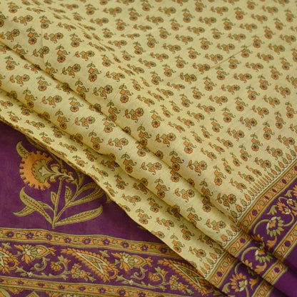 Indian Vintage Sari Beige & Purple Pure Cotton Printed Sarees Craft Fabric Soft 5Yd Sarong Wrap Boho Fabric Kimono Quilting Crafting Upcycle