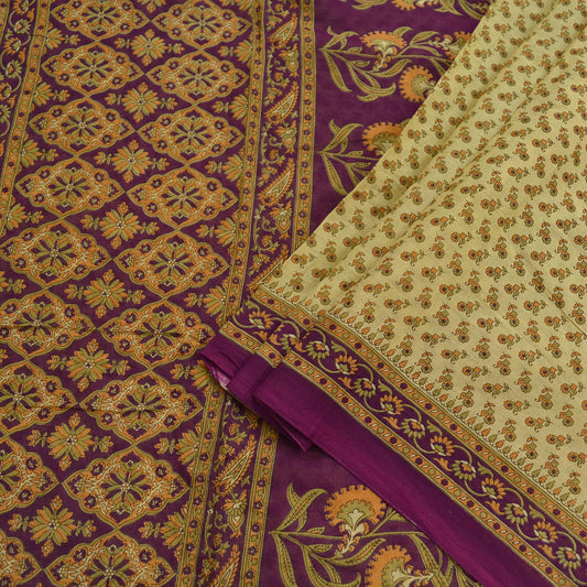 Indian Vintage Sari Beige & Purple Pure Cotton Printed Sarees Craft Fabric Soft 5Yd Sarong Wrap Boho Fabric Kimono Quilting Crafting Upcycle