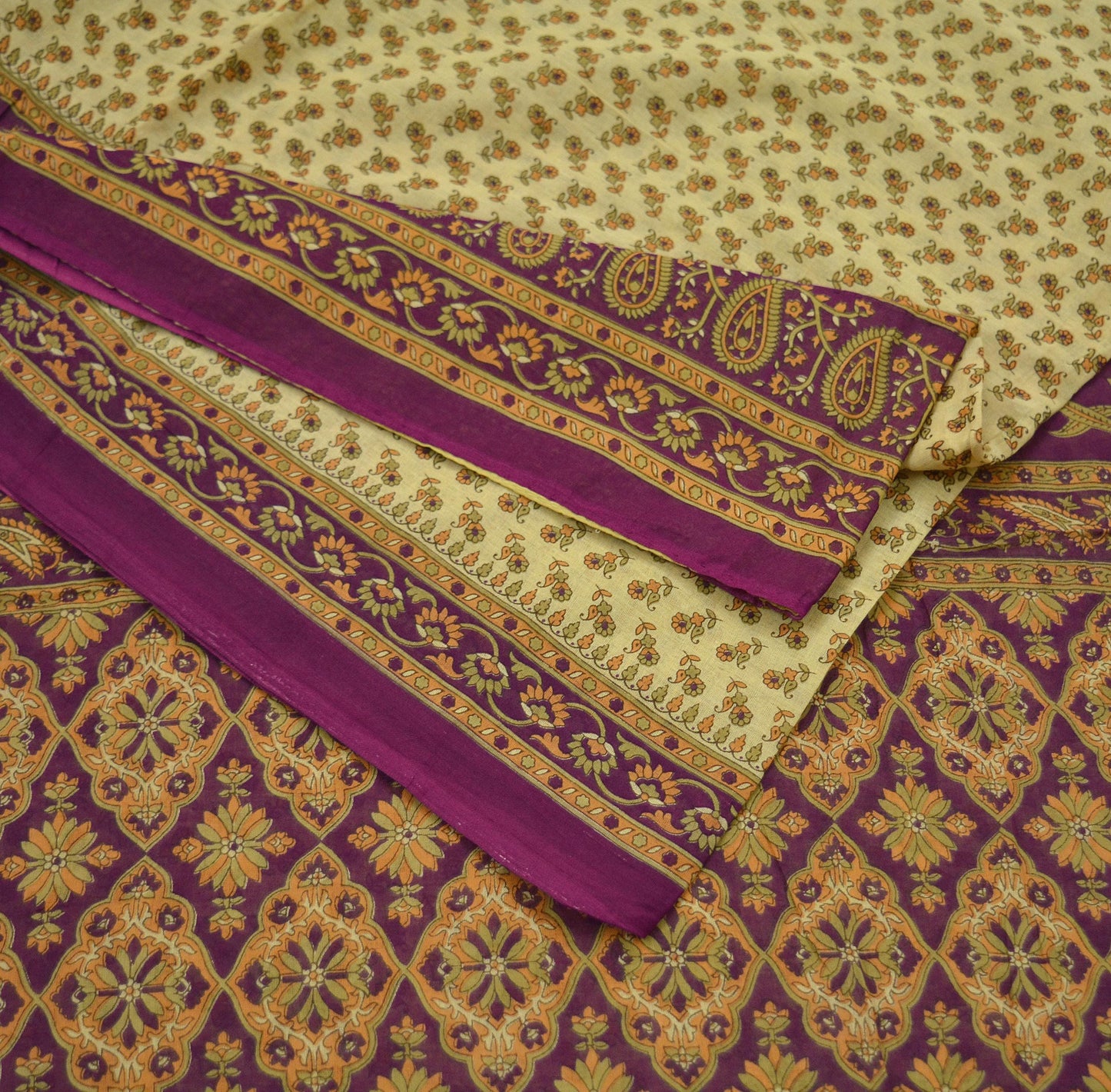 Indian Vintage Sari Beige & Purple Pure Cotton Printed Sarees Craft Fabric Soft 5Yd Sarong Wrap Boho Fabric Kimono Quilting Crafting Upcycle