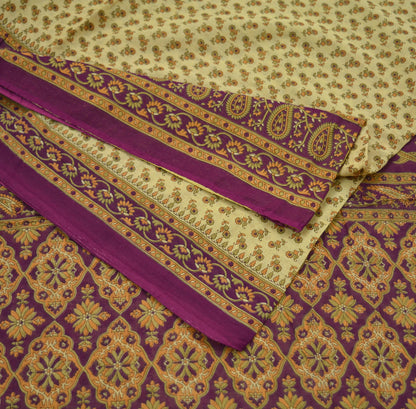 Indian Vintage Sari Beige & Purple Pure Cotton Printed Sarees Craft Fabric Soft 5Yd Sarong Wrap Boho Fabric Kimono Quilting Crafting Upcycle