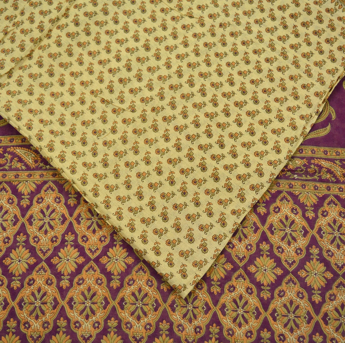 Indian Vintage Sari Beige & Purple Pure Cotton Printed Sarees Craft Fabric Soft 5Yd Sarong Wrap Boho Fabric Kimono Quilting Crafting Upcycle