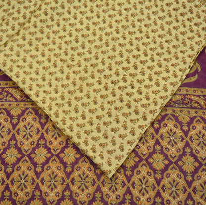 Indian Vintage Sari Beige & Purple Pure Cotton Printed Sarees Craft Fabric Soft 5Yd Sarong Wrap Boho Fabric Kimono Quilting Crafting Upcycle