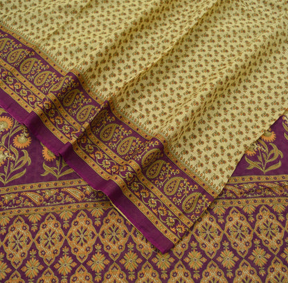 Indian Vintage Sari Beige & Purple Pure Cotton Printed Sarees Craft Fabric Soft 5Yd Sarong Wrap Boho Fabric Kimono Quilting Crafting Upcycle