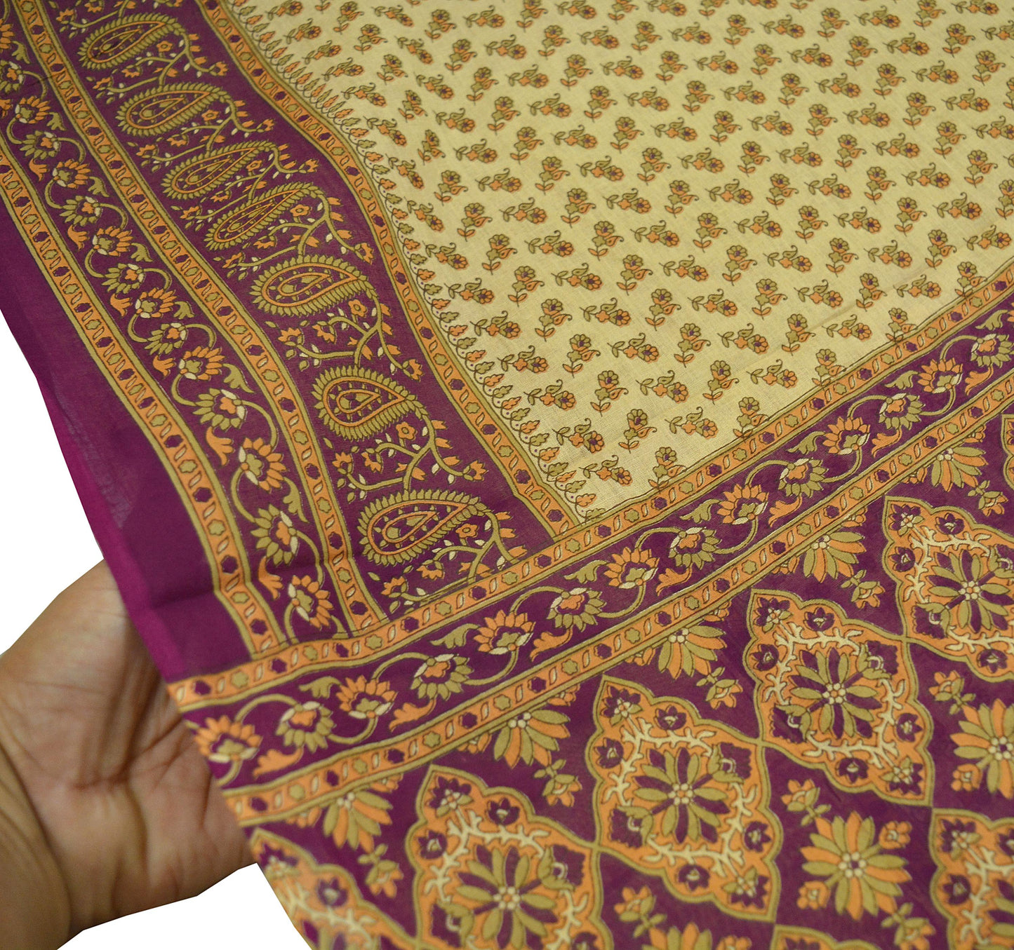 Indian Vintage Sari Beige & Purple Pure Cotton Printed Sarees Craft Fabric Soft 5Yd Sarong Wrap Boho Fabric Kimono Quilting Crafting Upcycle