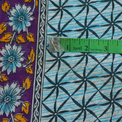 Indian Vintage Sari Purple & Blue Printed Sarees Pure Cotton Craft Fabric 5Yd Soft Sewing Sarong Wrap Boho Upcycle Quilting Crafting Used