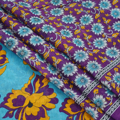 Indian Vintage Sari Purple & Blue Printed Sarees Pure Cotton Craft Fabric 5Yd Soft Sewing Sarong Wrap Boho Upcycle Quilting Crafting Used