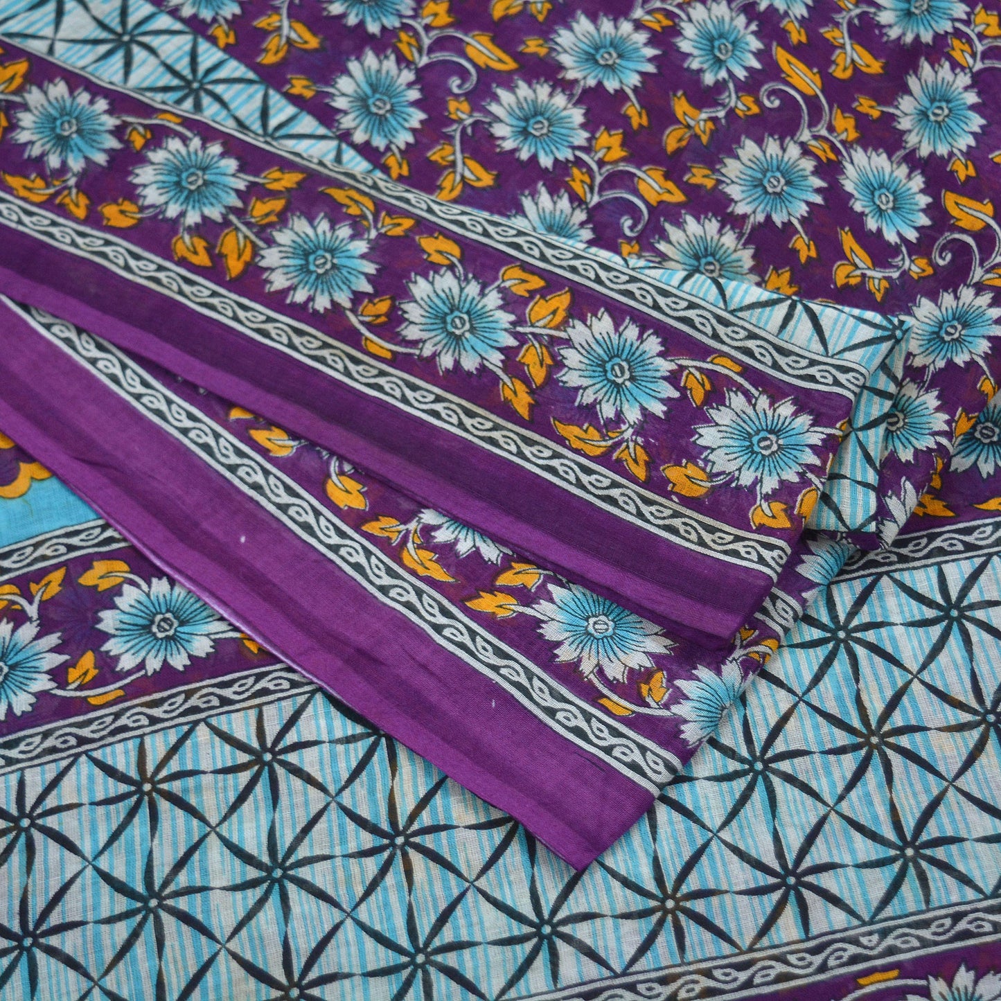 Indian Vintage Sari Purple & Blue Printed Sarees Pure Cotton Craft Fabric 5Yd Soft Sewing Sarong Wrap Boho Upcycle Quilting Crafting Used