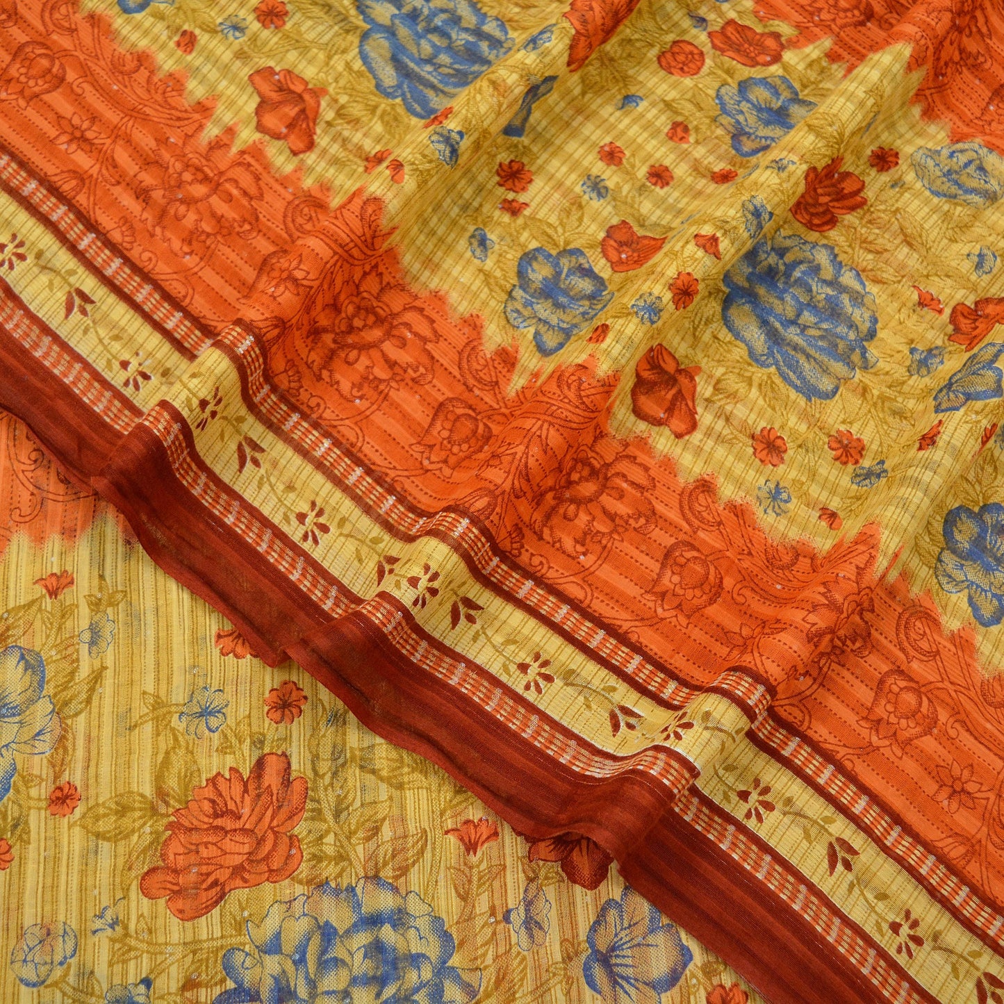 Indian Vintage Sari Orange & Beige Printed Saree 100% Pure Cotton Craft Fabric 5Yd Soft Sewing Sarong Wrap Floral Upcycle Crafting Quilting